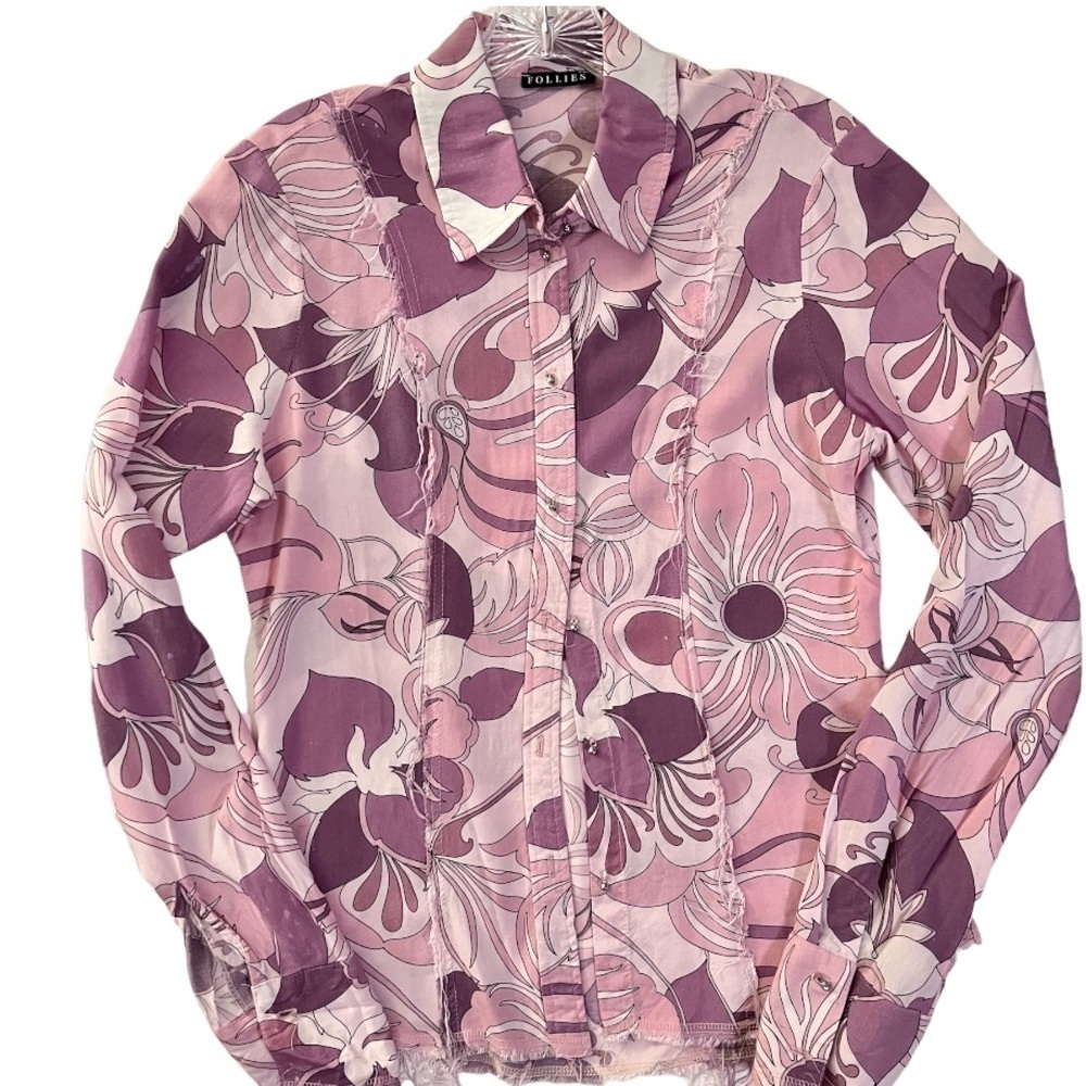 𝅺FOLLIES Vintage Long Sleeve Button Down Shirt Floral Design Raw Hem Size Large